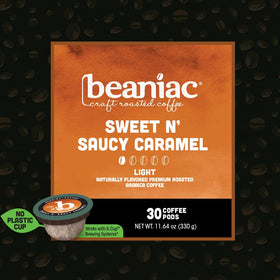 Beaniac Sweet n' Saucy Caramel pod closeup highlights aroma and flavor depth.