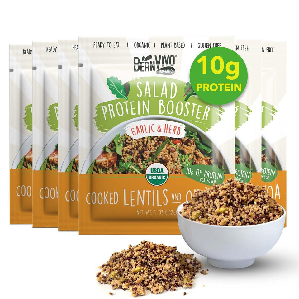 BeanVIVO 6-pack salad protein booster garlic herbs pouches for quick plant-protein boosts.