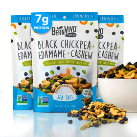 BeanVivo healthy snacks 3-pack closeup, protein and fiber-rich, perfect for mid-day energy