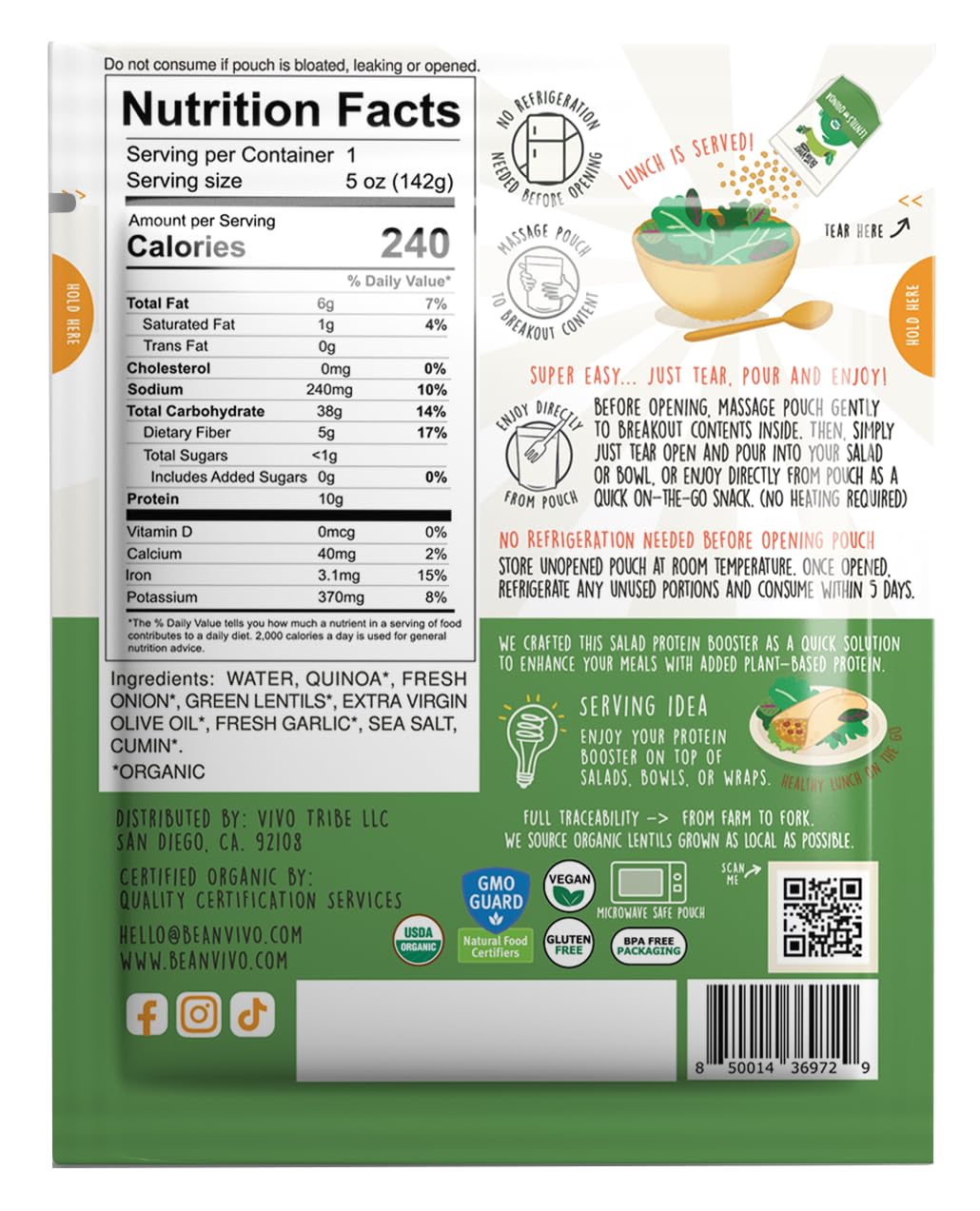 BeanVIVO fully cooked and seasoned pouch ideal for quick salad topping.