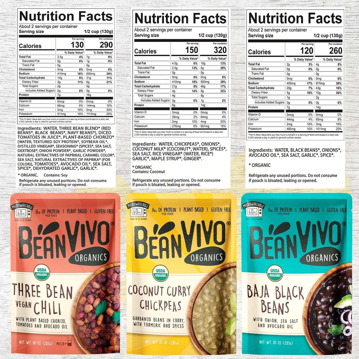 BeanVivo Microwave-ready pouch meals, ideal for camping or office