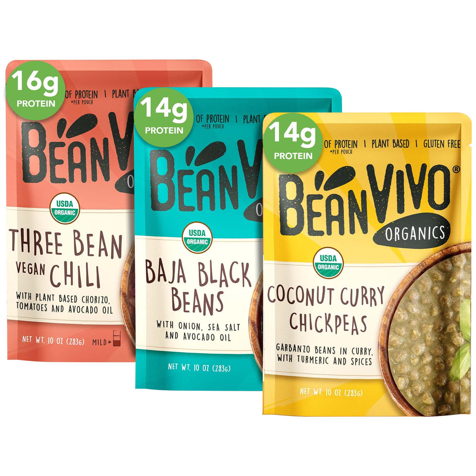 BeanVivo Three Bean Chili in a bowl, ready for a quick plant-based meal