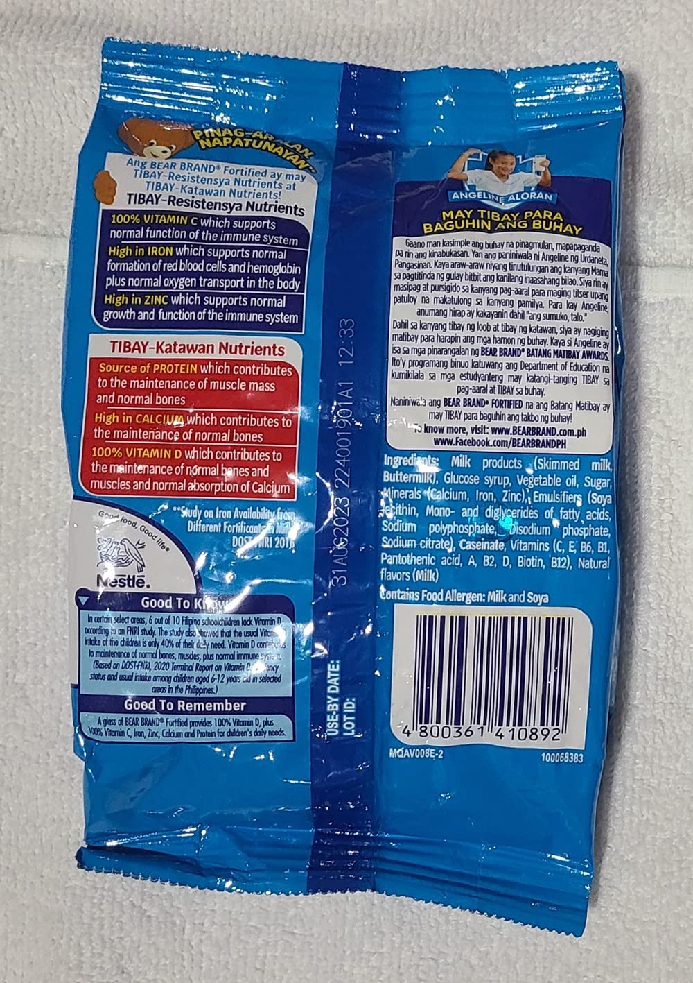 Bear Brand fortified powdered milk 2-pack back panel, nutrition details for daily meals.