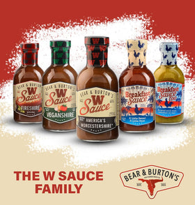 Bear and Burton's W Sauce bottle closeup conveys premium quality packaging.