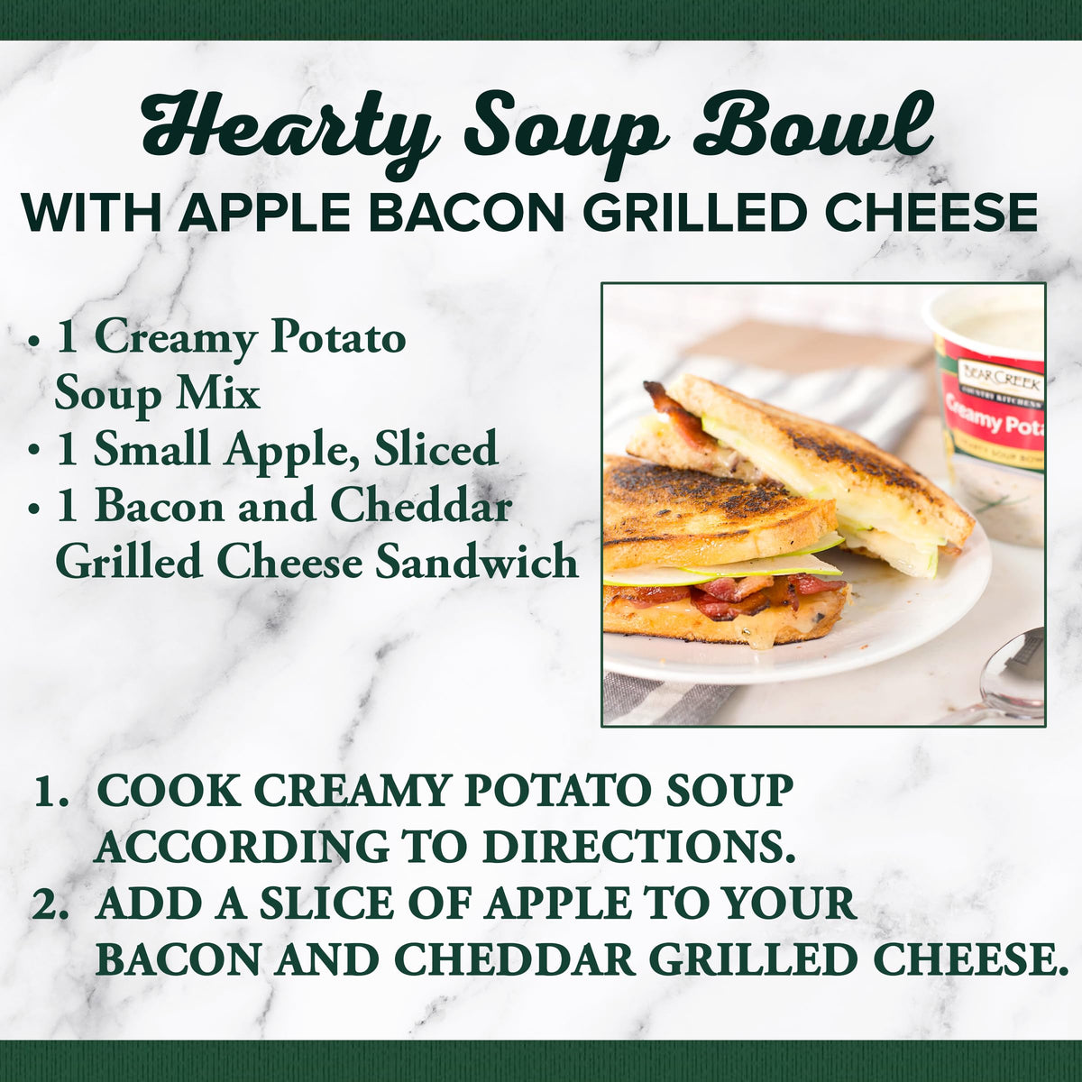 Bear Creek Creamy Potato Soup Mix steaming bowl emphasizes ease of a warm meal.