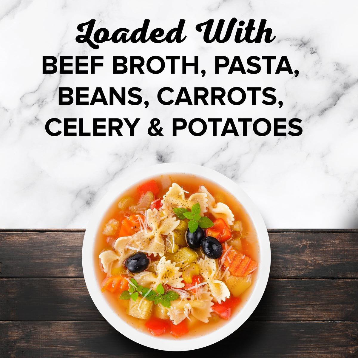 Bear Creek Minestrone Soup Mix dry ingredients show chunky vegetables and pasta.