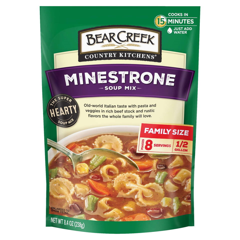 Bear Creek Minestrone Soup Mix box display promotes easy weeknight dinners.