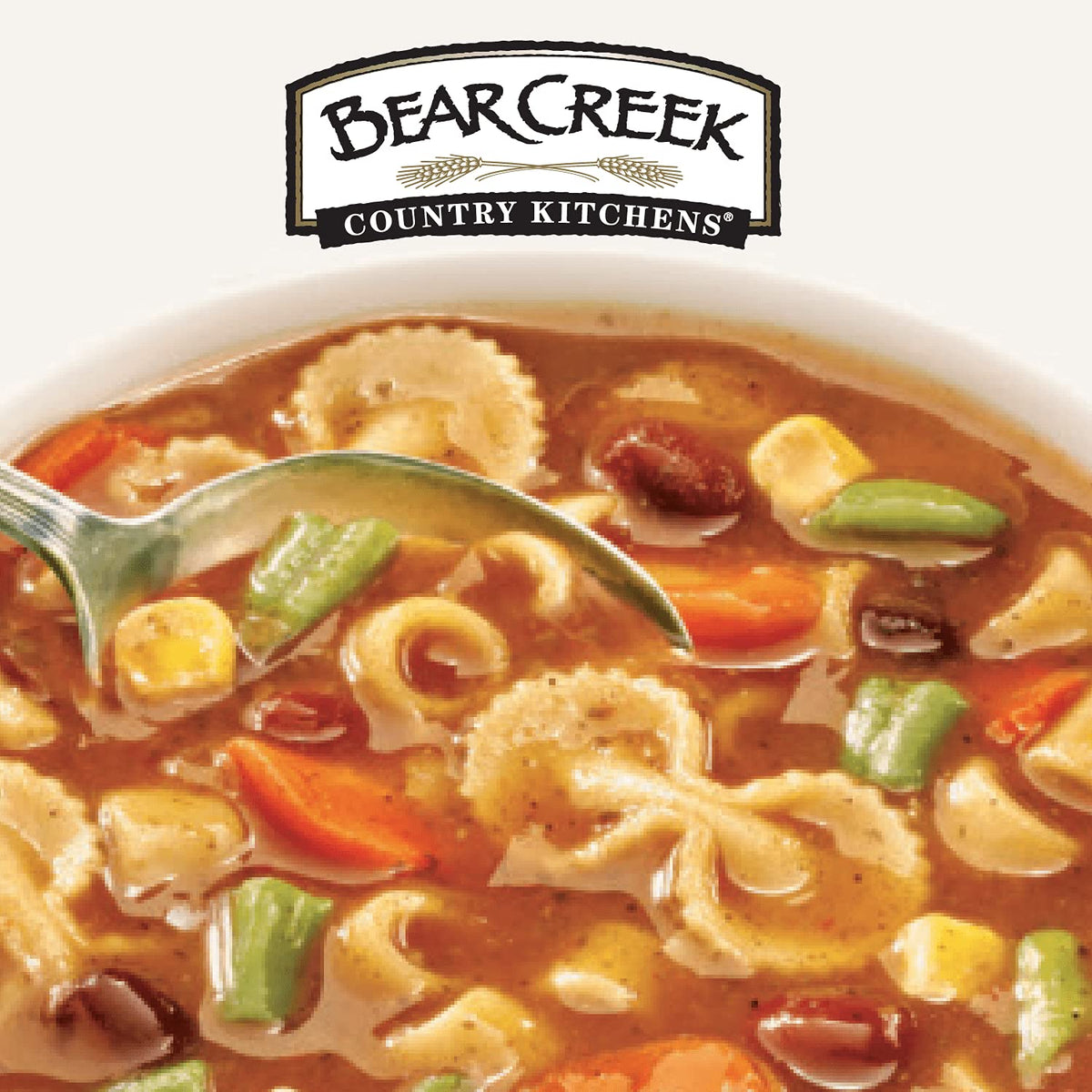 Bear Creek Minestrone Soup Mix vegetable chunks highlight wholesome ingredients.