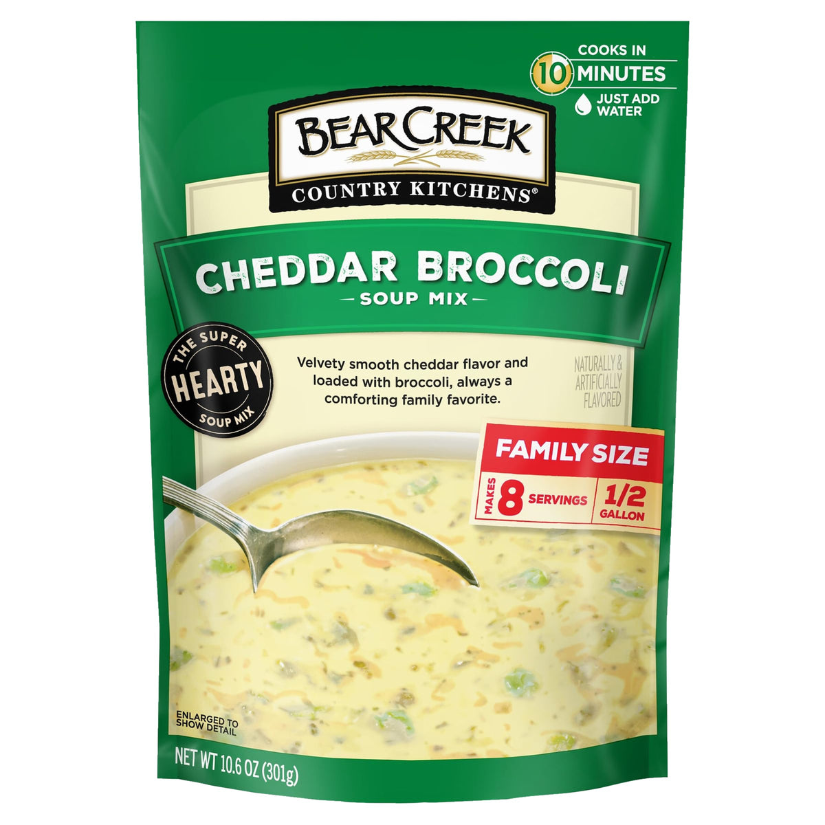Bear Creek Cheddar Broccoli Soup Mix front view with six-pack for quick meals