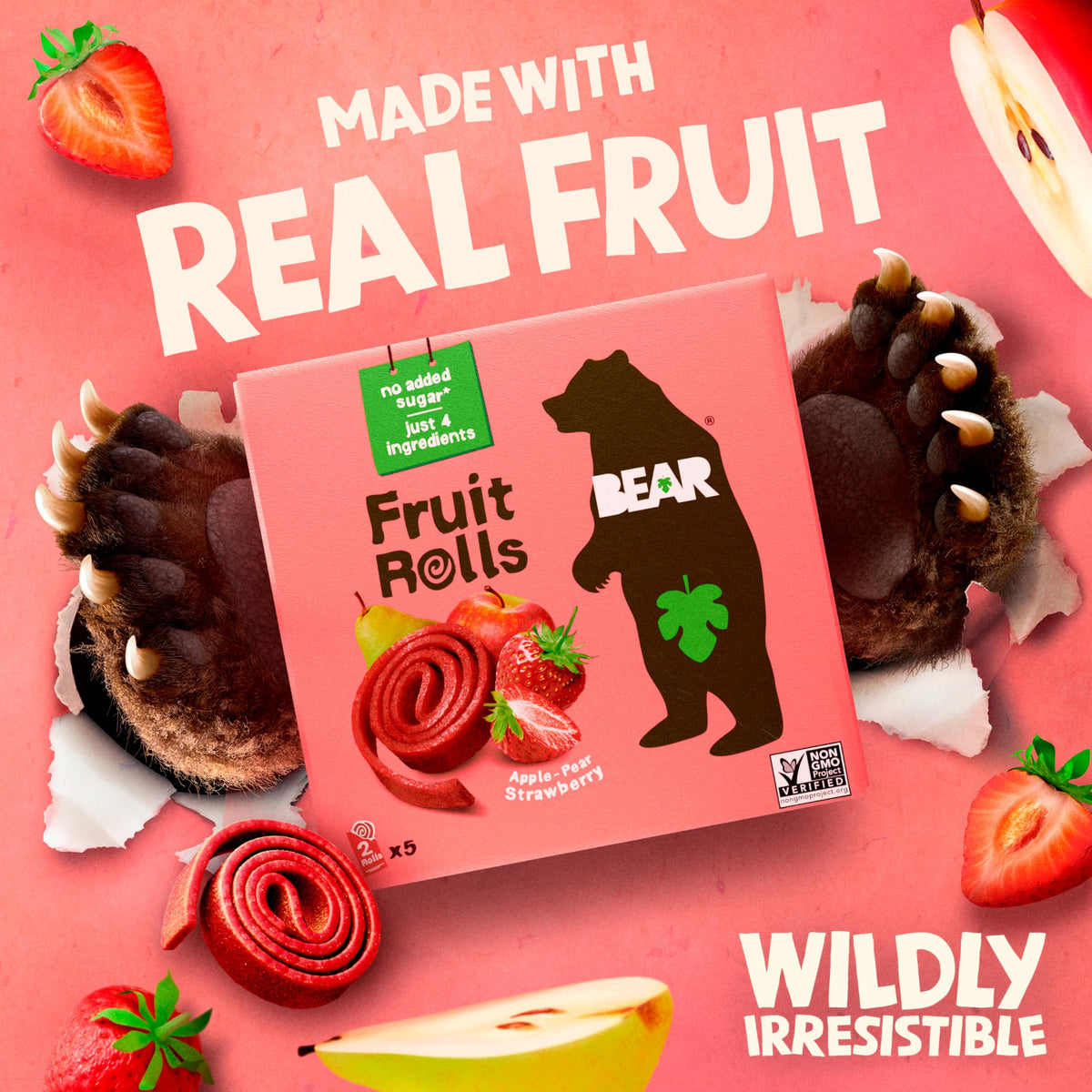 BEAR fruit rolls variety pack back showing ingredients and no added sugars statement