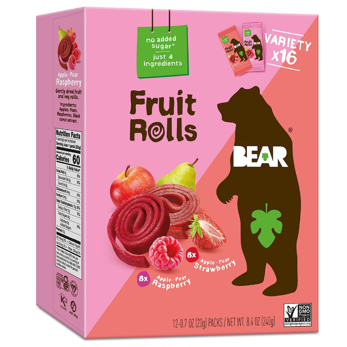 BEAR fruit rolls variety pack front view showing colorful packaging for on-the-go snacking