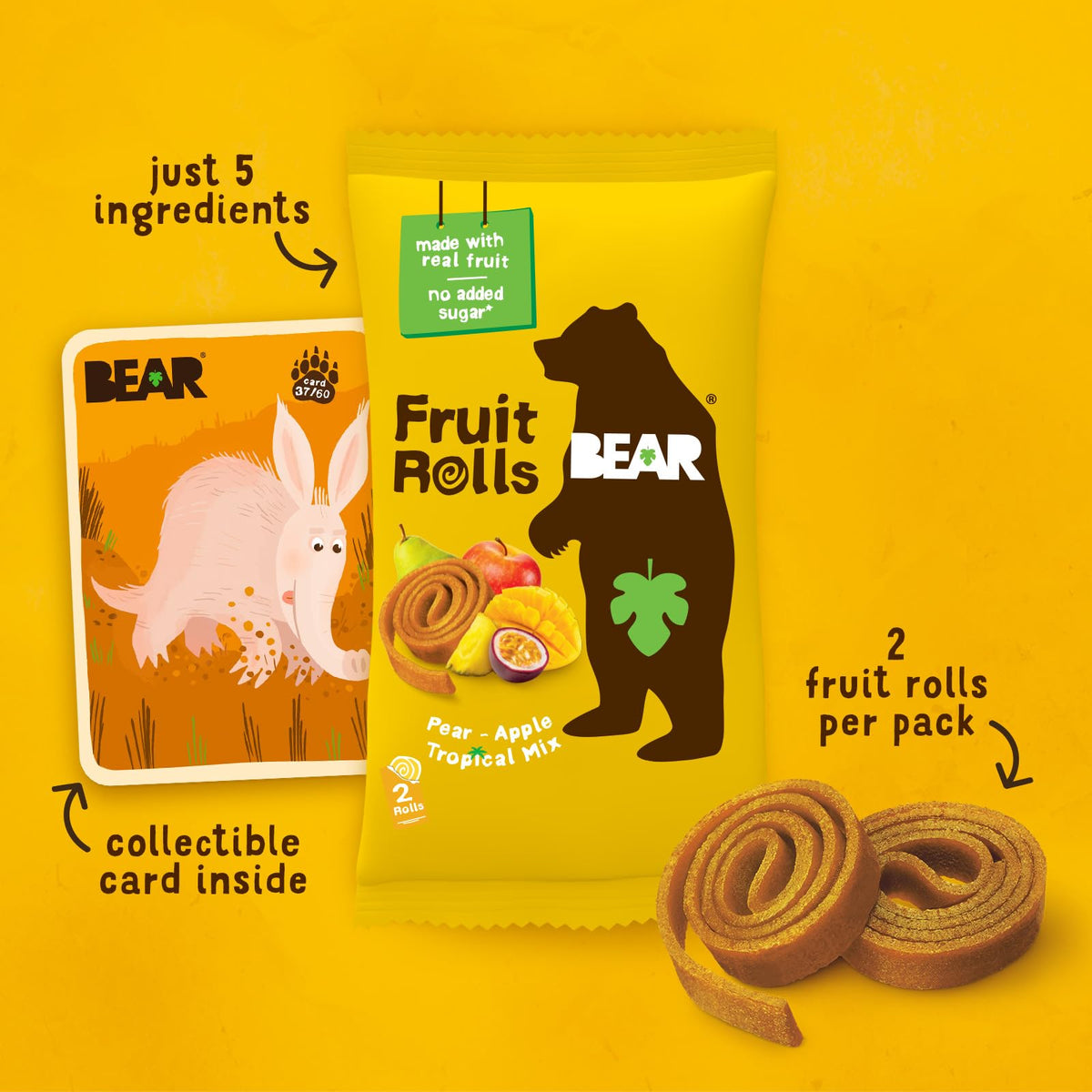 BEAR Real Fruit Snack Rolls close-up showing real fruit pieces without added sugar.