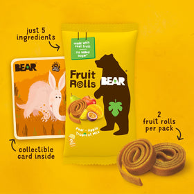 BEAR Real Fruit Snack Rolls close-up showing real fruit pieces without added sugar.
