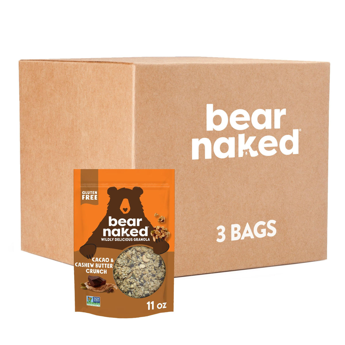 Bear Naked cacao and cashew butter crunch granola, chocolate chunks in a breakfast bowl.