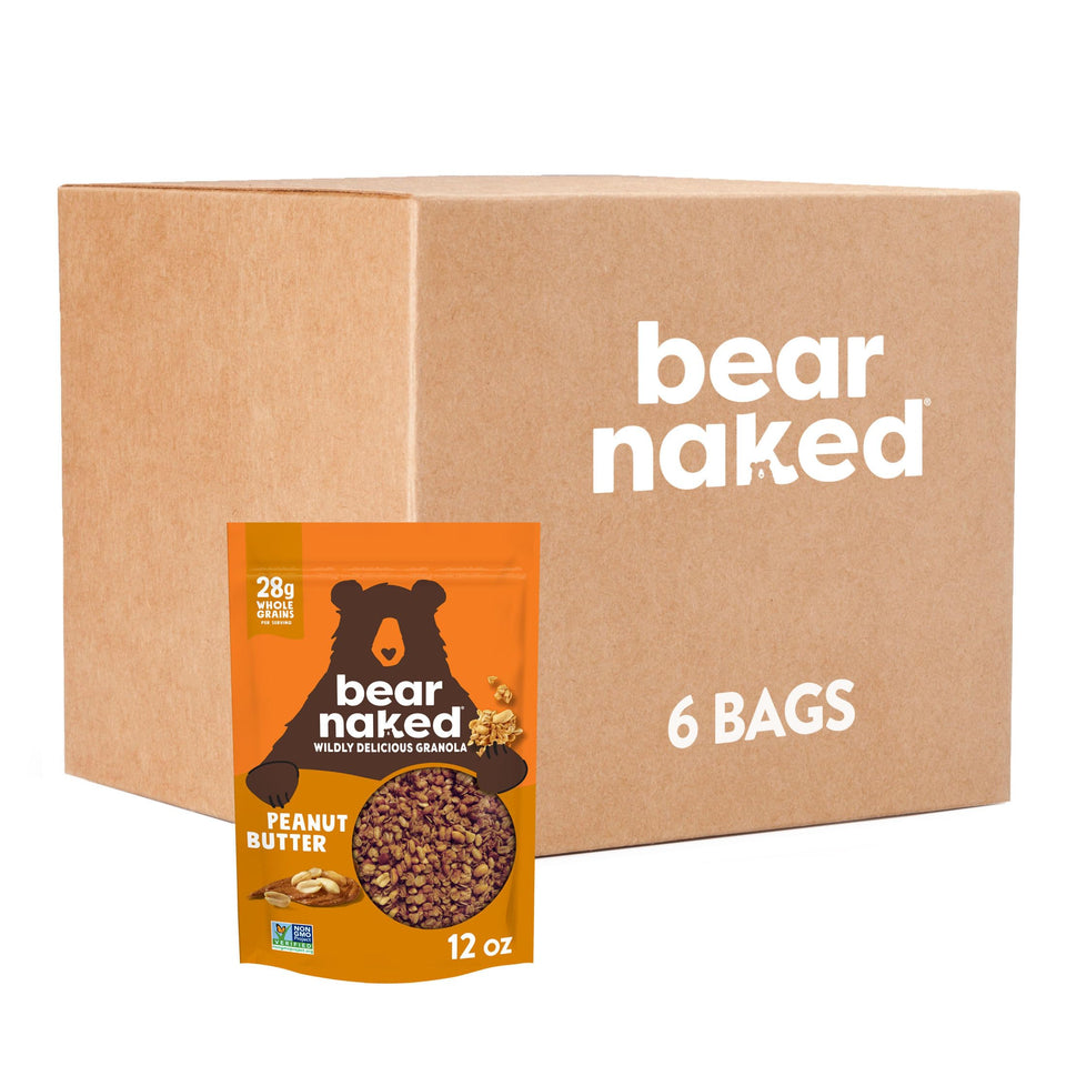Bear Naked Granola Peanut Butter bag on shelf, a tasty portable snack option.