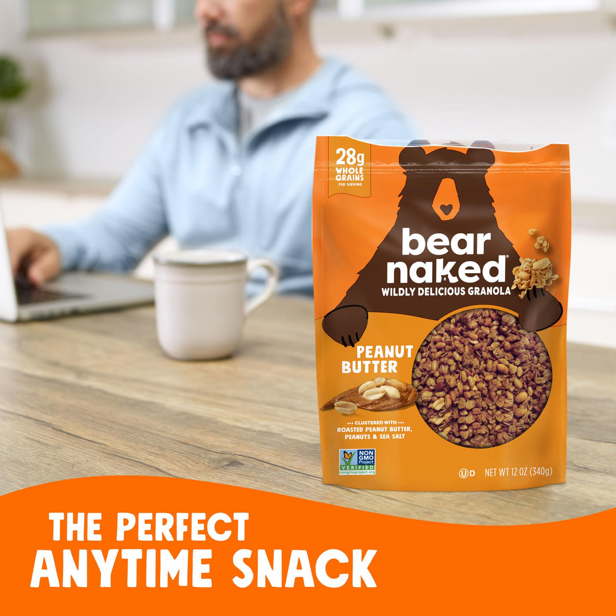 Open resealable Bear Naked pouch showing soft-baked granola, easy to snack anywhere.