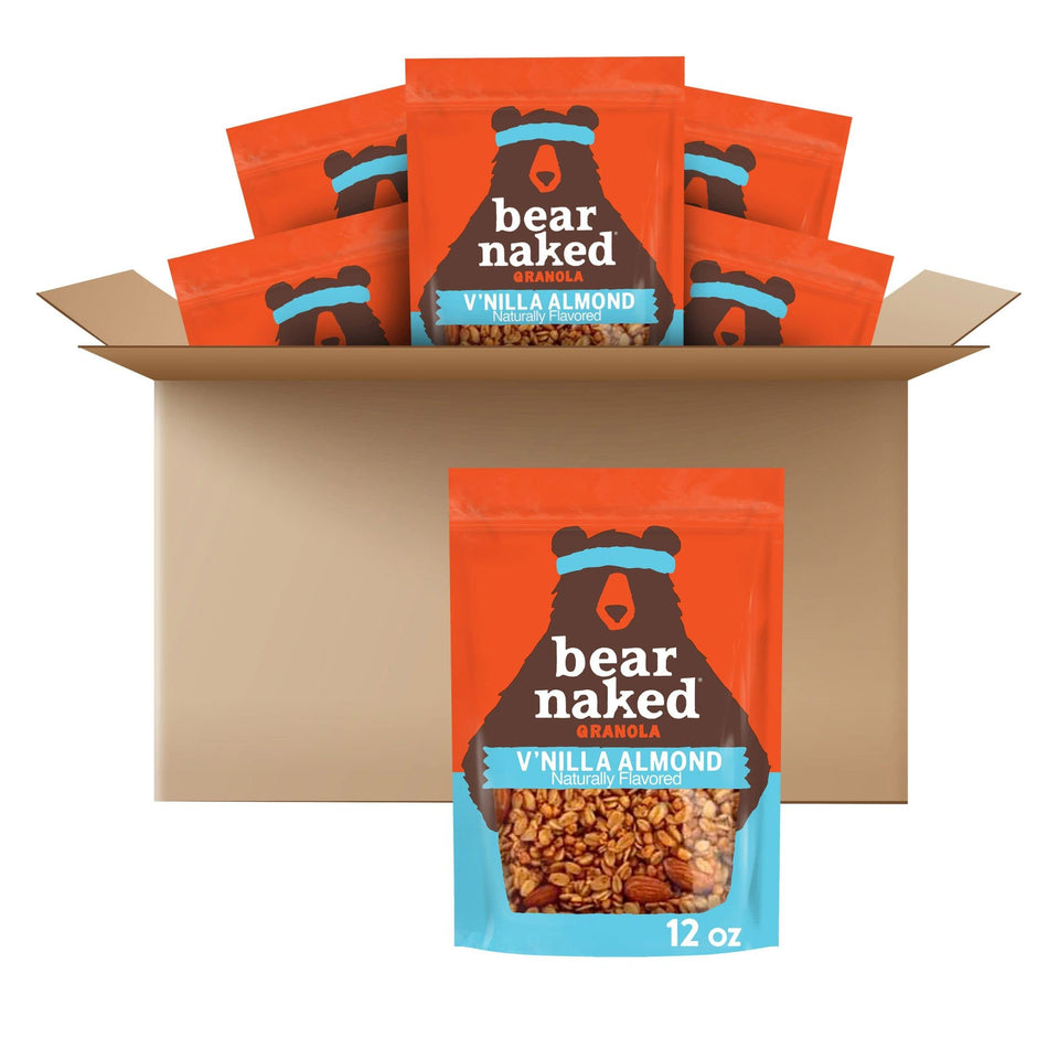 Bear Naked Vanilla Almond Crisp granola bag showcasing almonds and vanilla for a tasty breakfast.