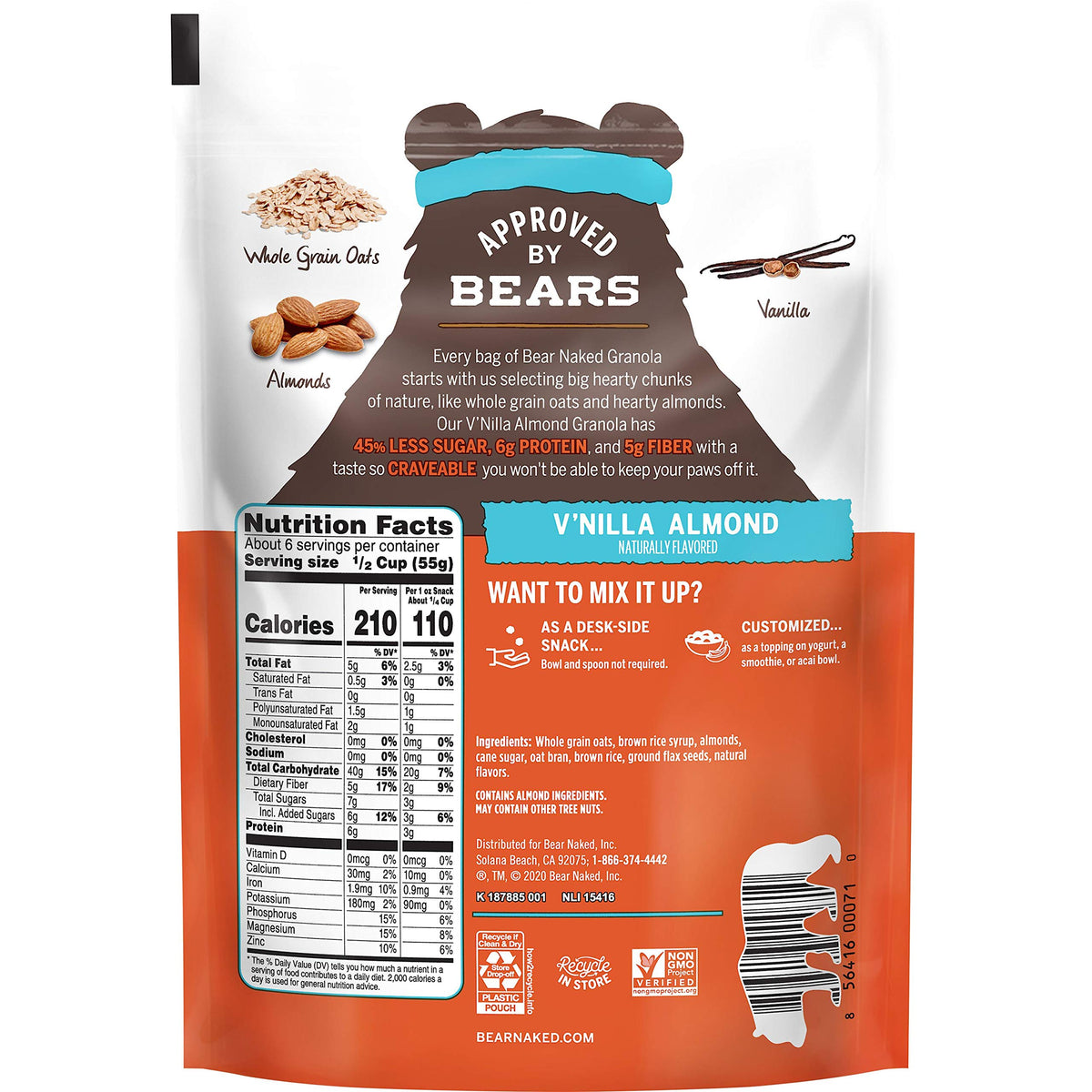 Bear Naked Vanilla Almond Crisp ingredients highlight whole grains and vanilla.