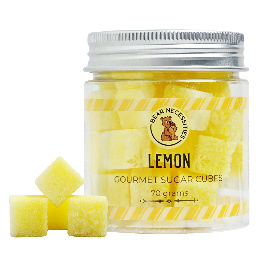 Bear Necessities lemon sugar cubes jar close-up for premium drinks.