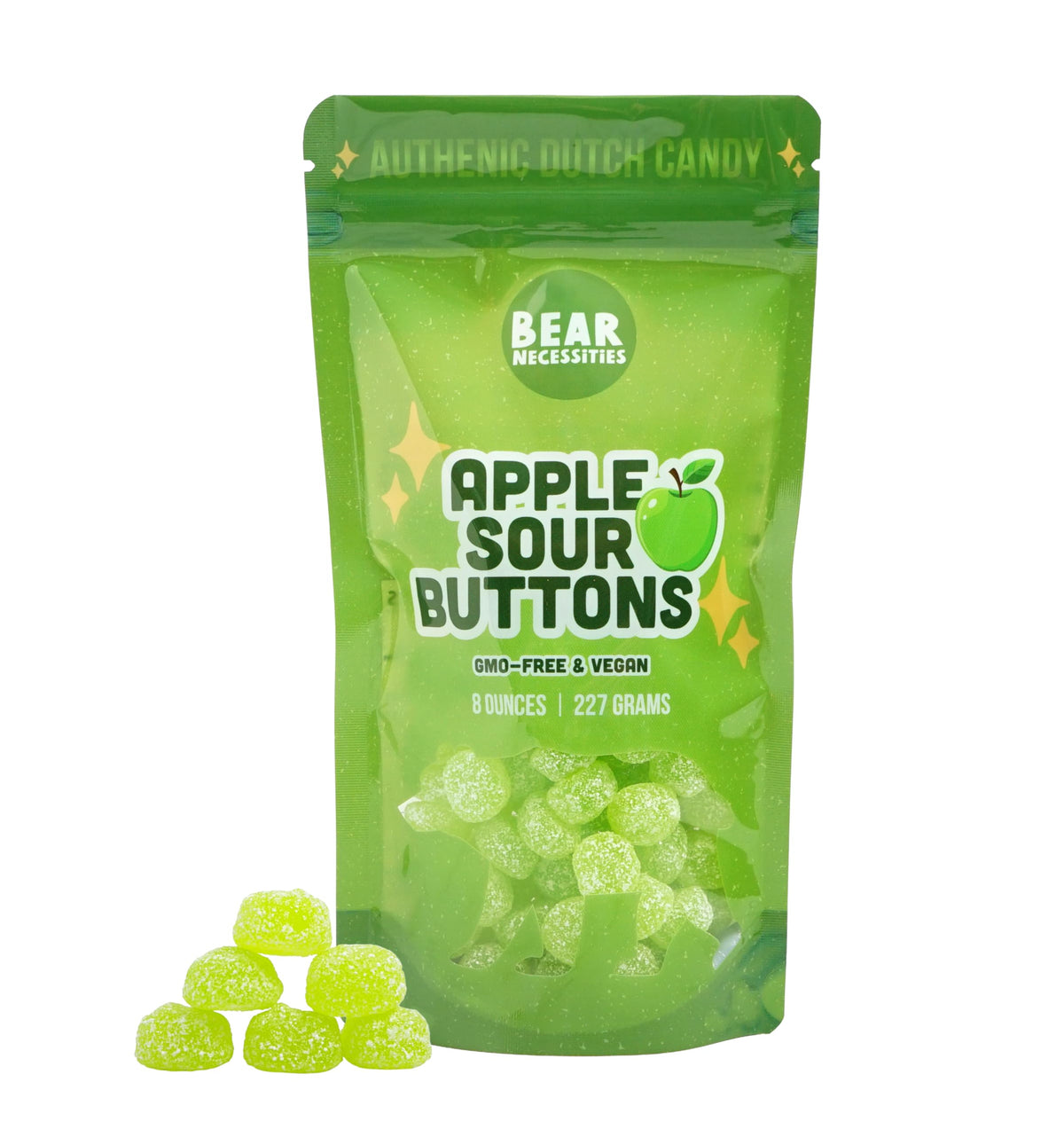 Bear Necessities Sour Buttons Apple flavor close-up highlights crisp taste and tangy coating for snacking.