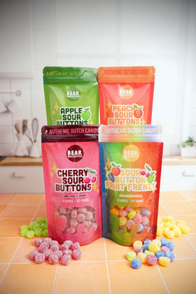 Bear Necessities Sour Buttons apple flavor close-up invites tasting and sharing among friends.
