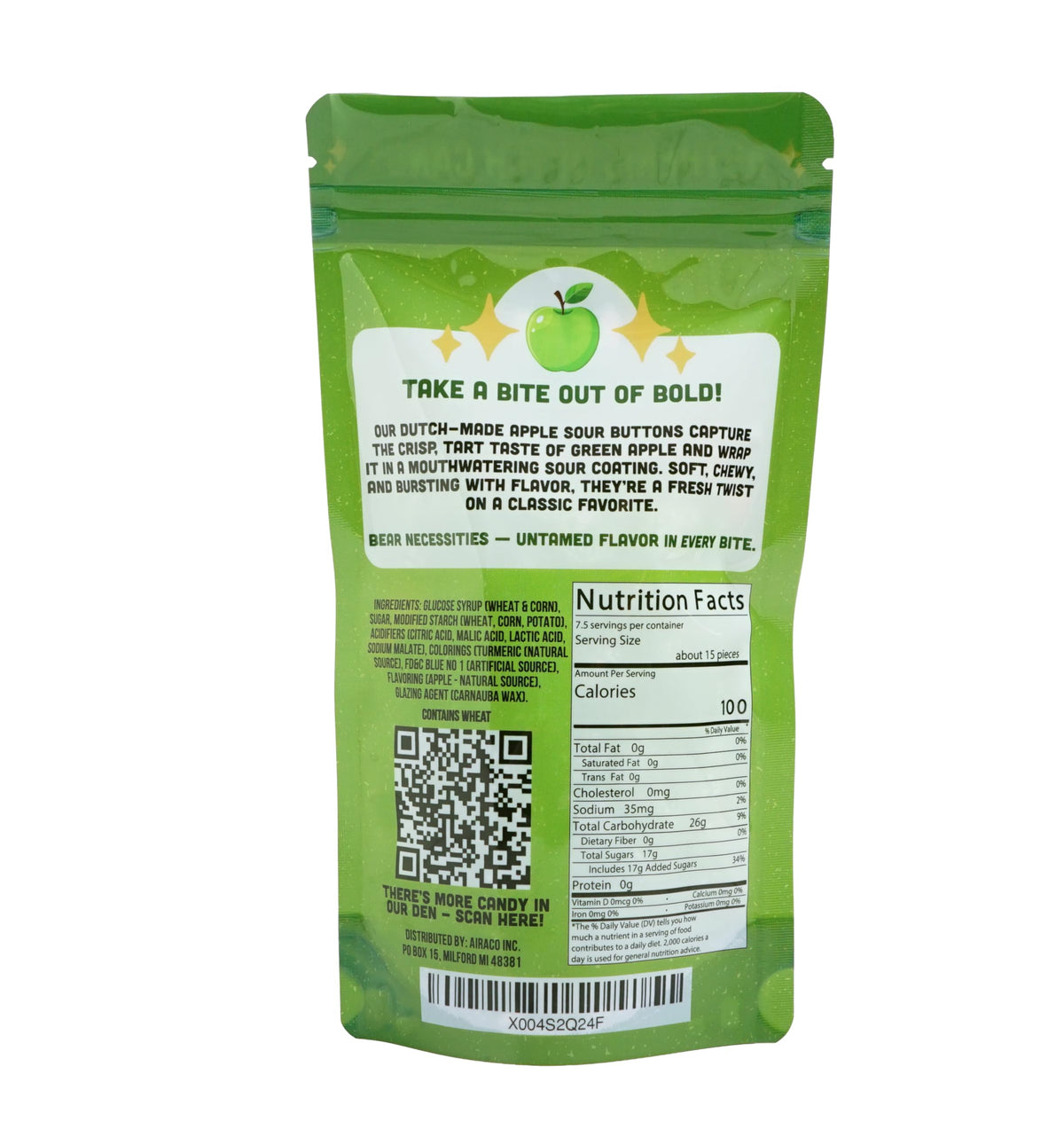 Bear Necessities Sour Buttons apple sour coating close-up emphasizes chewy texture ideal for movie nights.