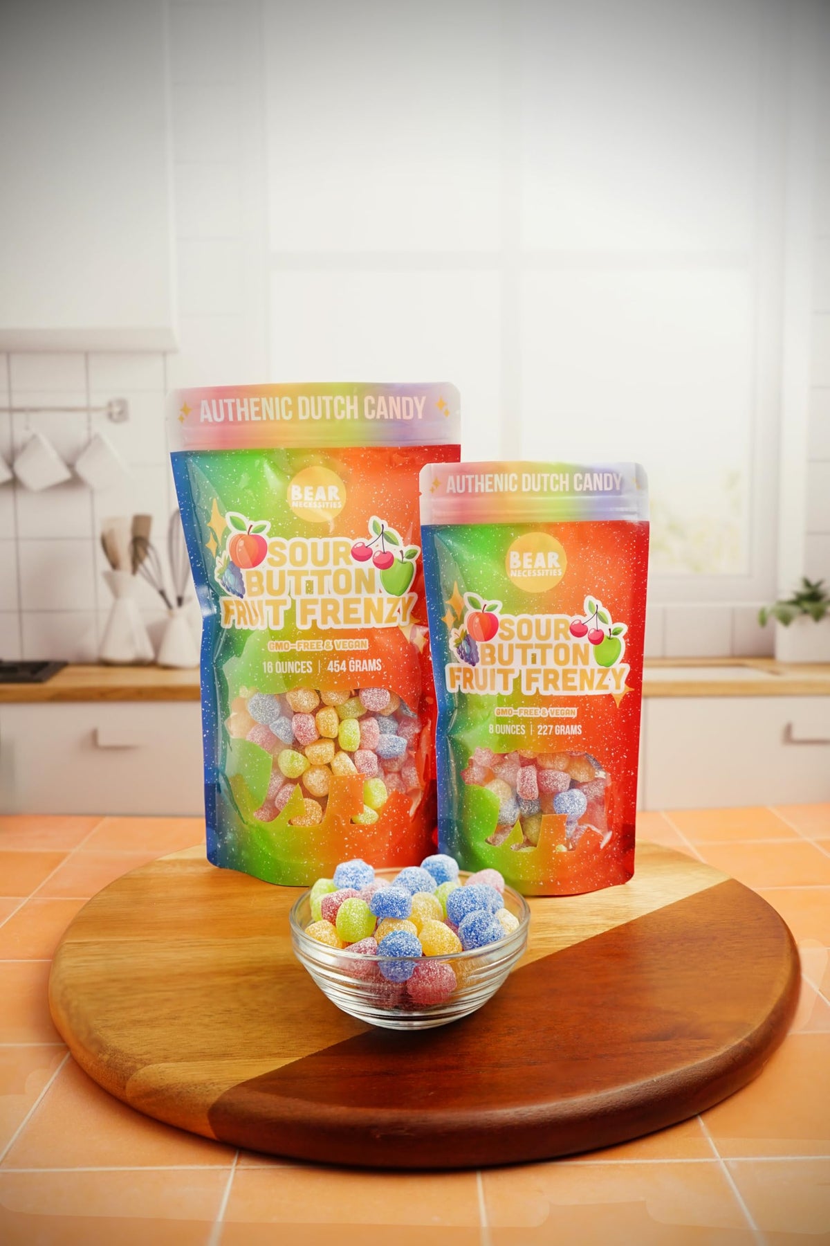 Bear Necessities Sour Buttons blue raspberry flavor for bold candy moments