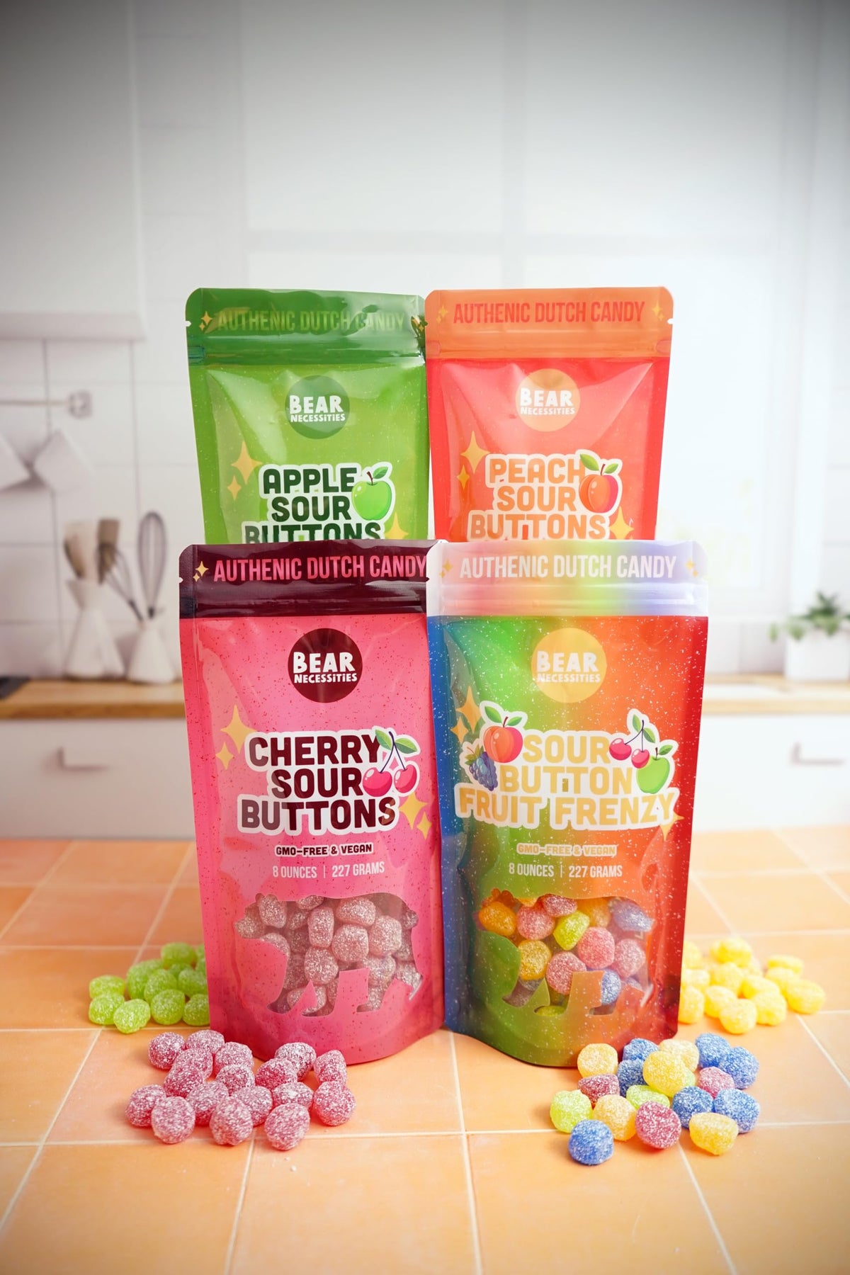 Bear Necessities Sour Buttons cherry bag open reveals resealable pouch for on-the-go snacking.
