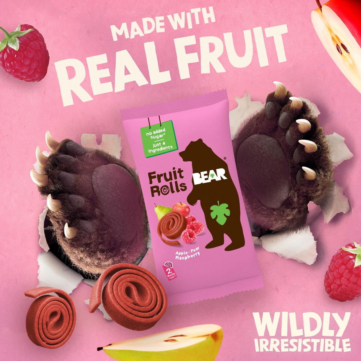 Close-up of BEAR Raspberry Snack Rolls showing real fruit texture and color.