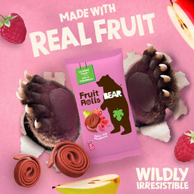 Close-up of BEAR Raspberry Snack Rolls showing real fruit texture and color.