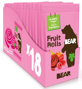 BEAR Raspberry Real Fruit Snack Rolls in an 18-pack, convenient lunchbox option.