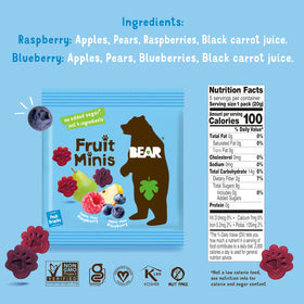 BEAR Real Fruit Snack Minis ingredients panel confirms fruit-only, additive-free snack.