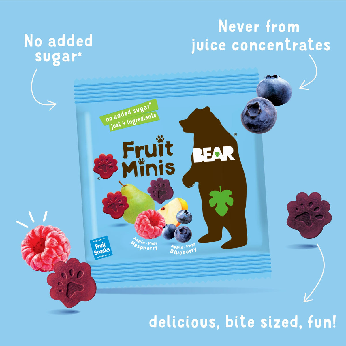 BEAR Real Fruit Snack Minis back panel image emphasizes nutrition and ingredients.