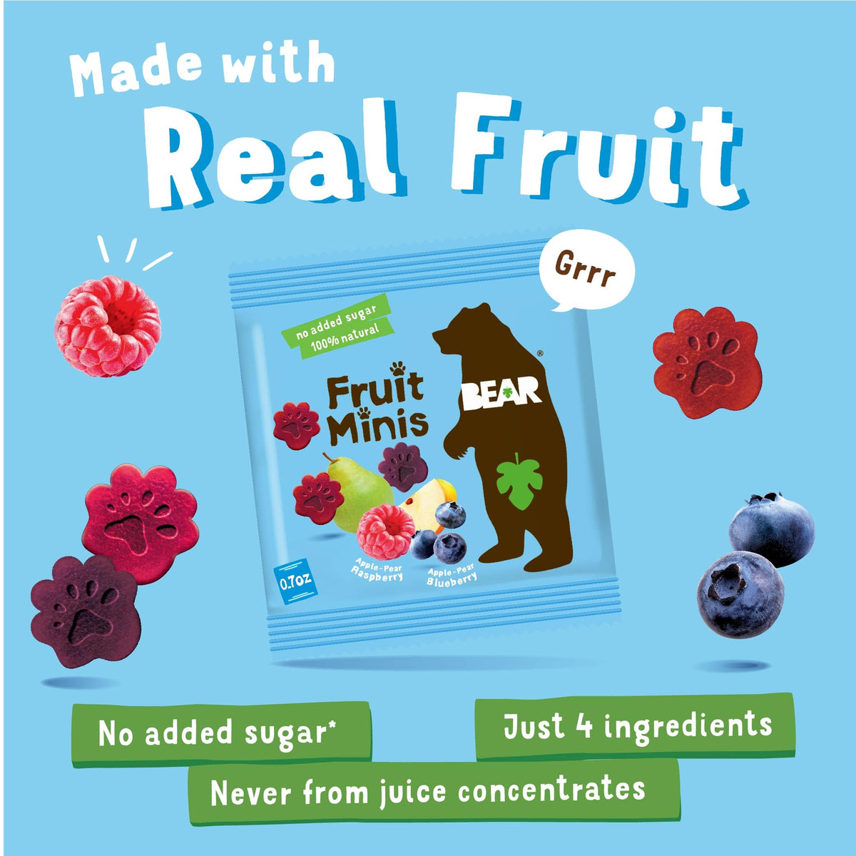 BEAR Real Fruit Snack Minis close-up highlights natural texture and fruity flavor.