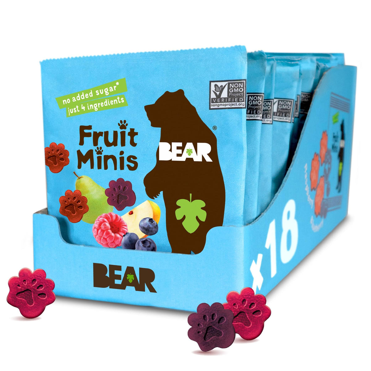 BEAR Real Fruit Snack Minis Raspberry/Blueberry pack front shows an on-the-go, fruit-only snack.