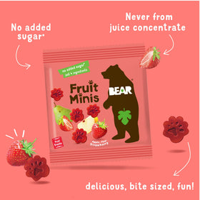 Bear Real Fruit Snack Minis Strawberry ingredients close-up, no concentrates or added sugar.