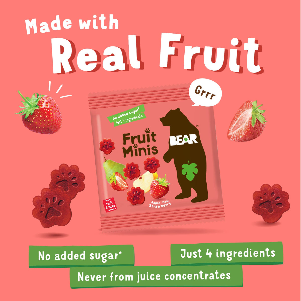 Bear Real Fruit Snack Minis Strawberry label close-up, proof of clean ingredients.