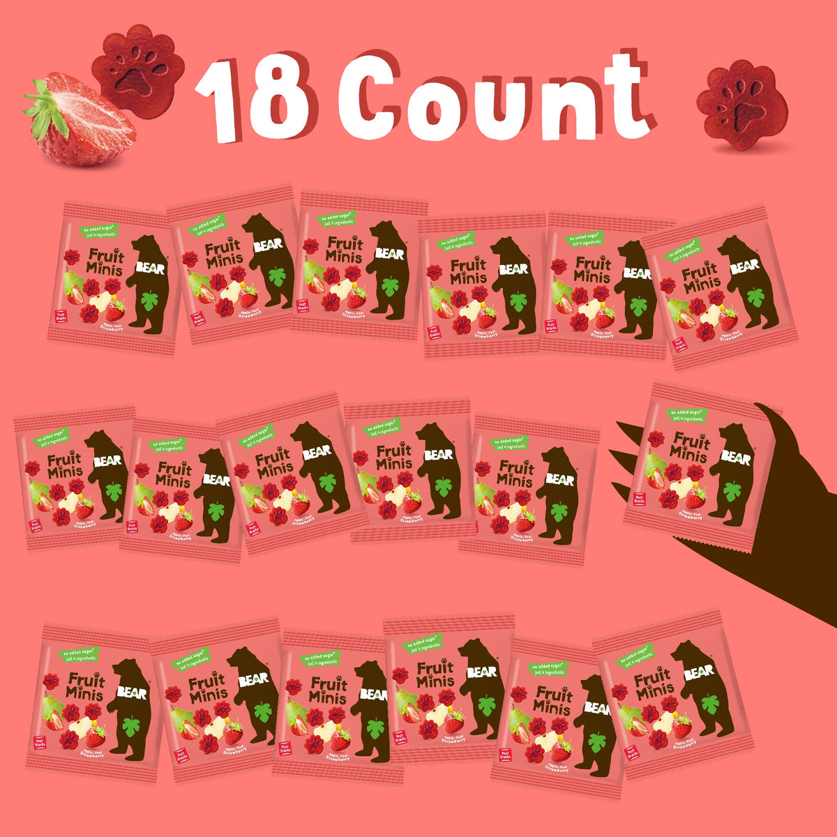 Bear Real Fruit Snack Minis Strawberry oven-baking imagery, gentle process preserving vitamins.