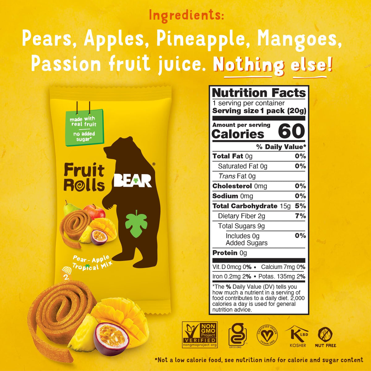 BEAR Real Fruit Snack Rolls two rolls per pack, ideal for quick, tasty breaks.