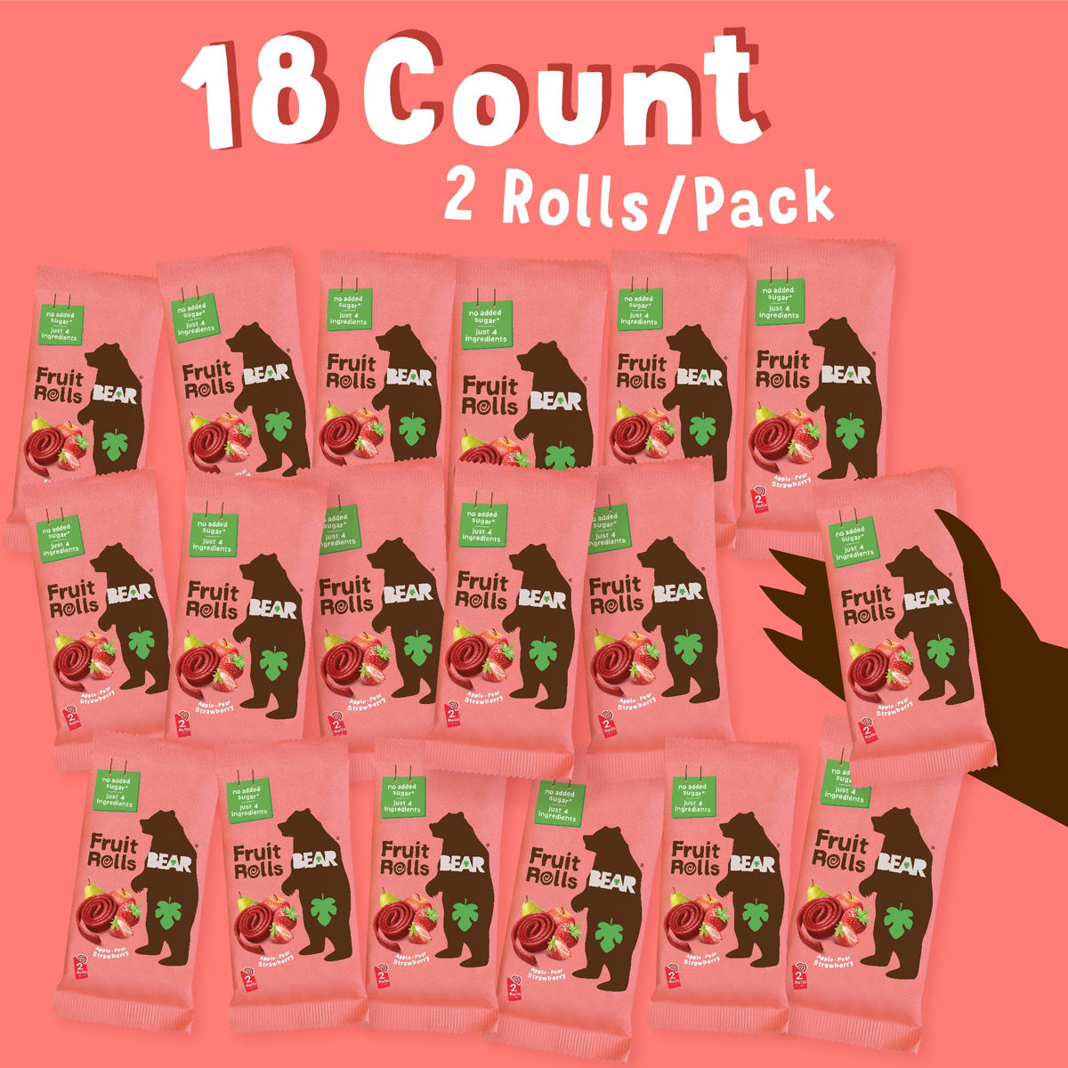 BEAR Real Fruit Snack Rolls Strawberry gluten-free and vegan ingredients shown.
