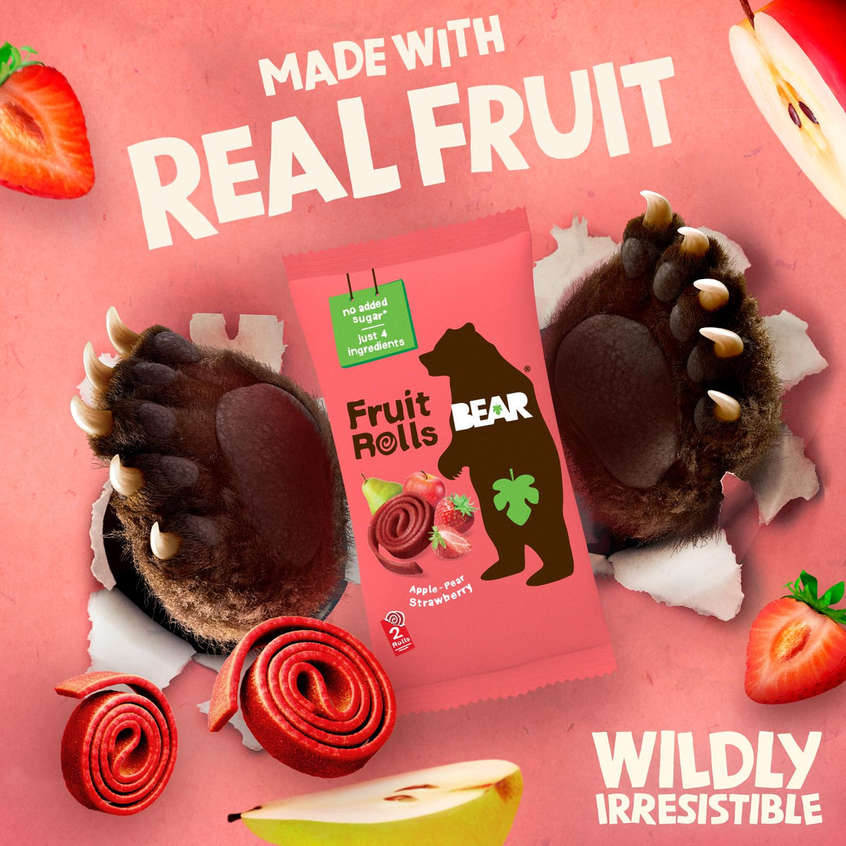 BEAR Real Fruit Snack Rolls Strawberry real fruit slices visible.
