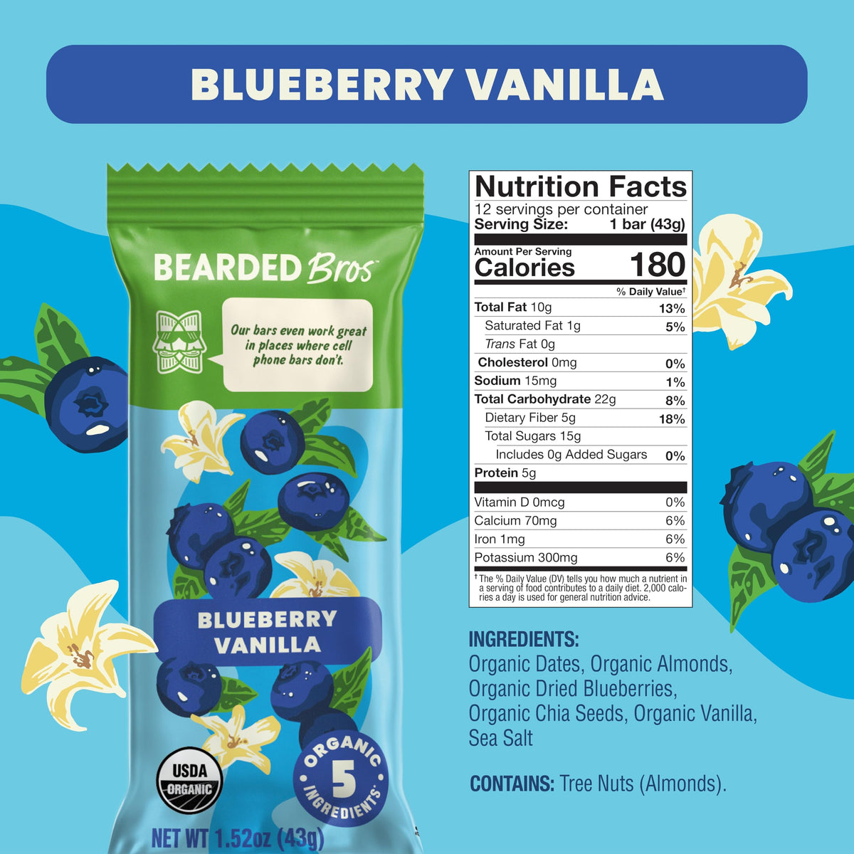Bearded Brothers energy bar front label highlighting vegan and gluten-free ingredients