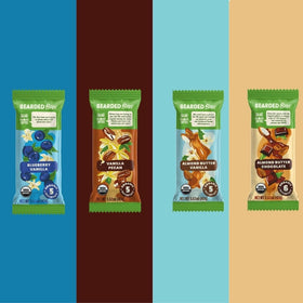 Bearded Brothers non-GMO energy bar packaging signals transparency and purity.