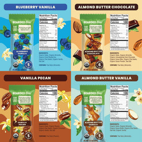 Bearded Brothers vegan energy bar close-up reveals chewy texture and wholesome ingredients.