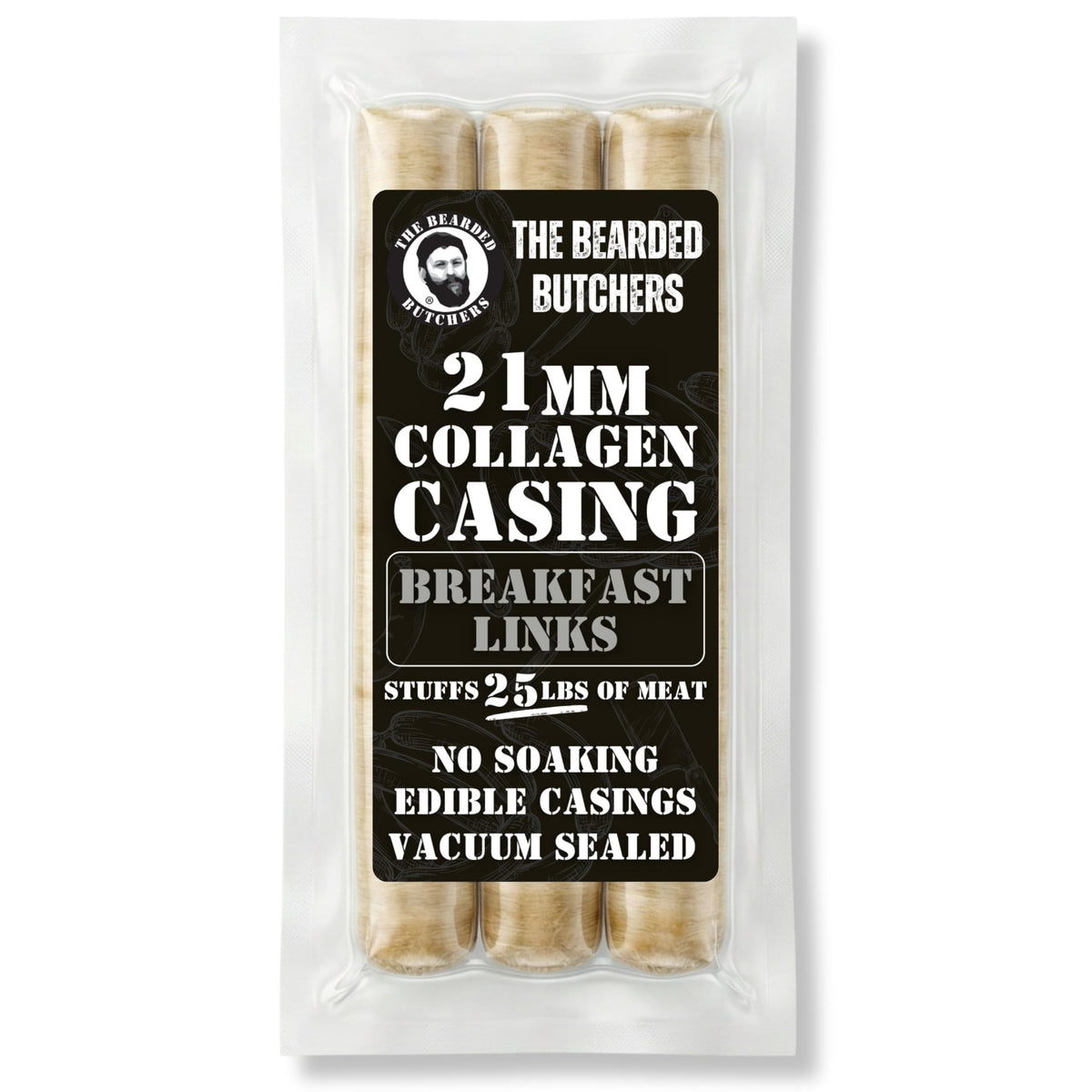 Bearded Butchers 21mm fresh edible collagen casings in a 3-pack box, ready to use for breakfast links.