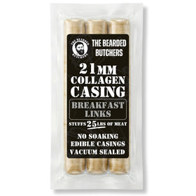 Bearded Butchers 21mm fresh edible collagen casings in a 3-pack box, ready to use for breakfast links.