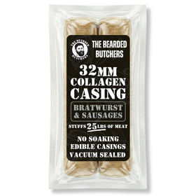 Bearded Butchers 32mm fresh collagen casings in packaging, ready for immediate use.