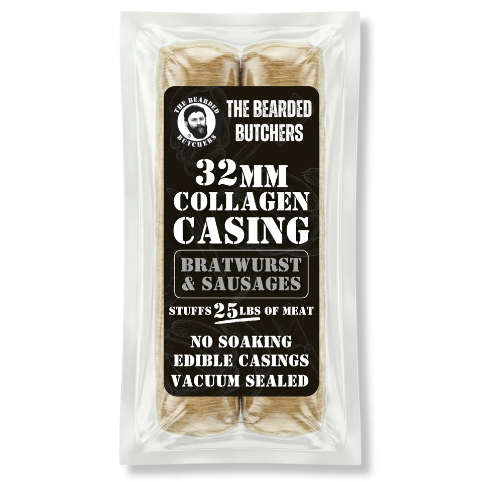 Bearded Butchers 32mm fresh collagen casings in packaging, ready for immediate use.