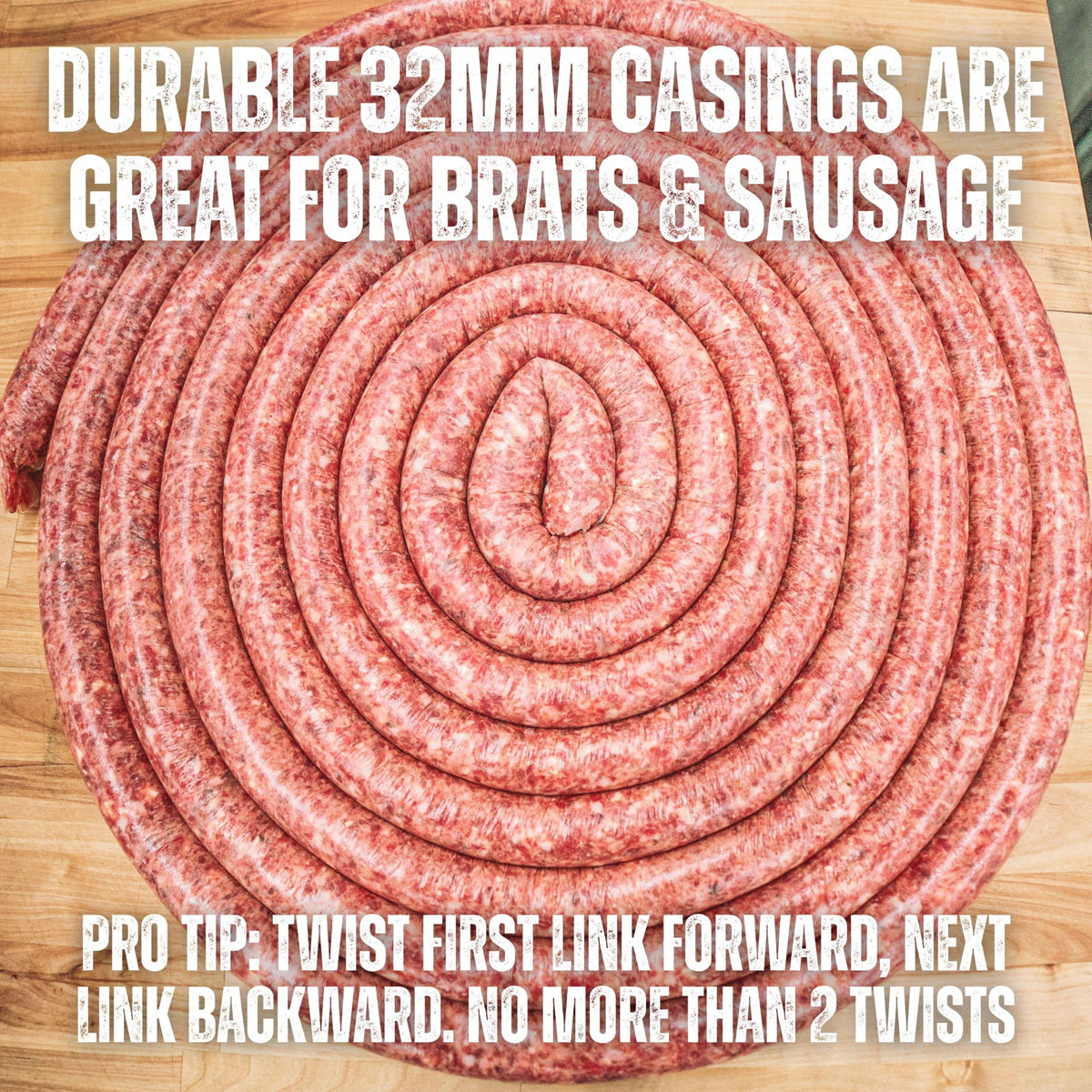 Bearded Butchers 32mm casings vacuum-sealed for freshness and storage.