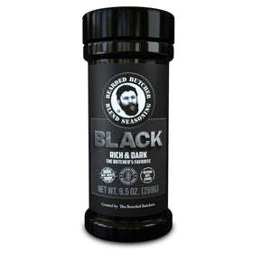 Bearded Butcher Black Blend bottle shows coffee and molasses depth for beef